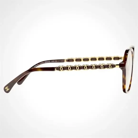 New CHANEL Eyeglasses Brown Tortoise Acetate Leather Arms 53mm Rx-able - Picture 3 of 5